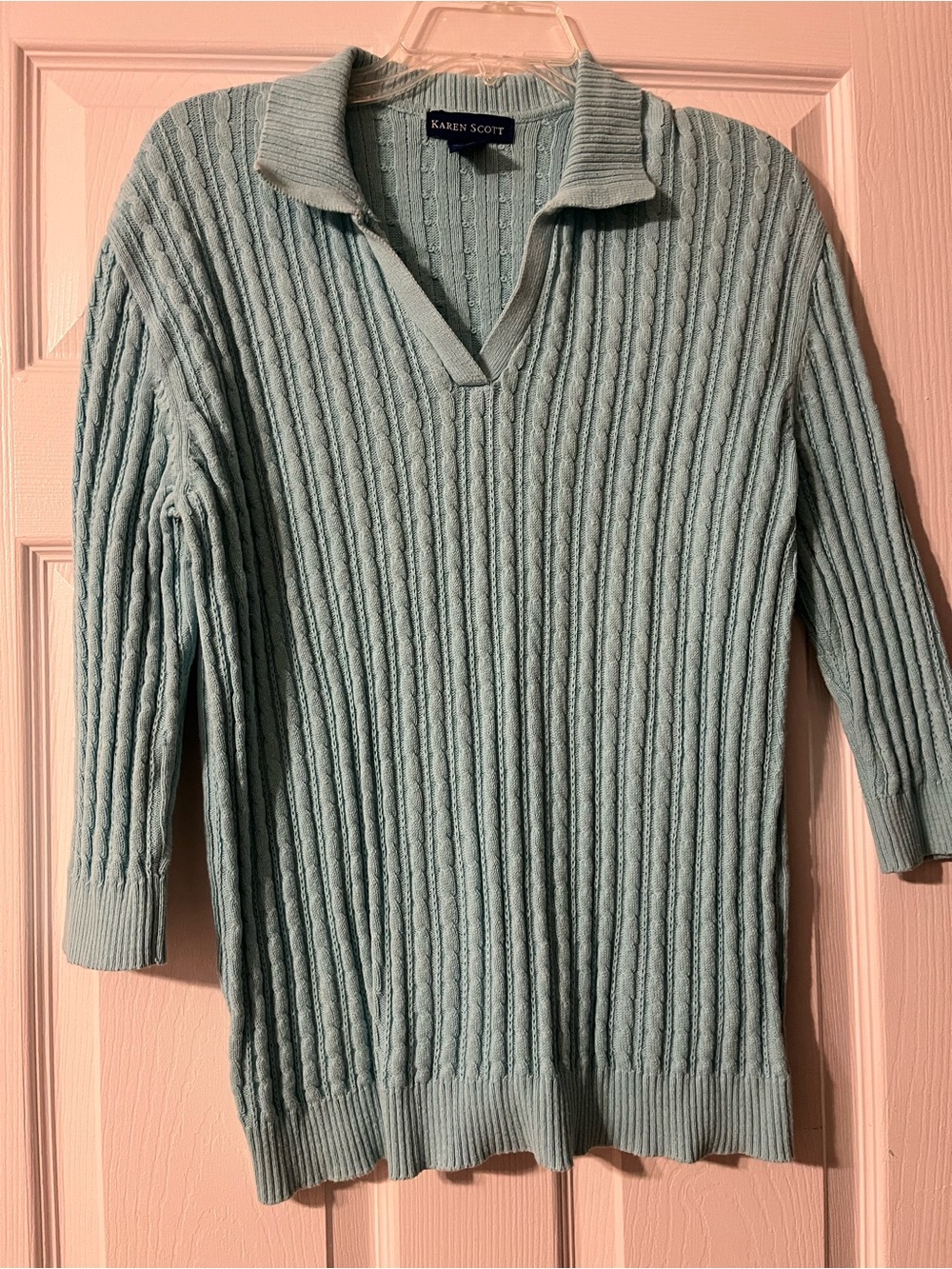Karen Scott Soft Light Blue Cable-Knit V-Neck Sweater